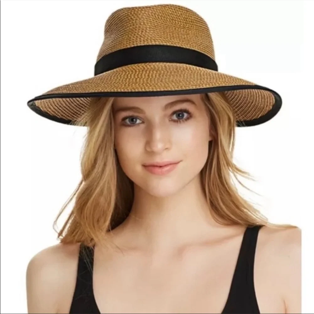 Eric Javits Wide-Brim Straw Sun Hat with Black Trim - Picture 1 of 10